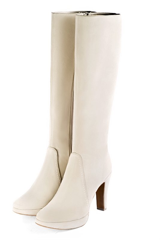 Off white women's feminine knee-high boots. Round toe. Very high slim heel with a platform at the front. Made to measure. Front view - Florence KOOIJMAN